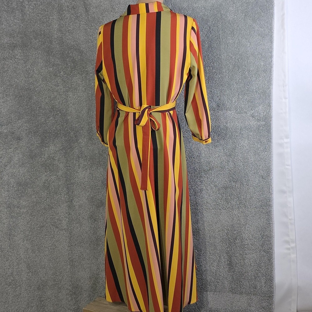 MADISON Striped Wrap Shirt Dress Womens Medium Midi Belted 3/4 Sleeve Multicolor - Picture 3 of 9